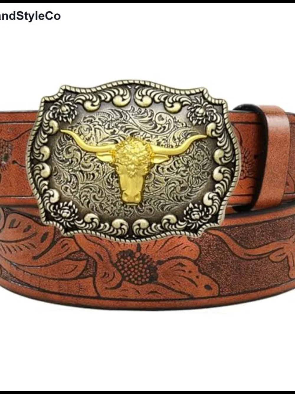 Western Faux Leather Belt with Carved Cowhead Buckle, Adjustable